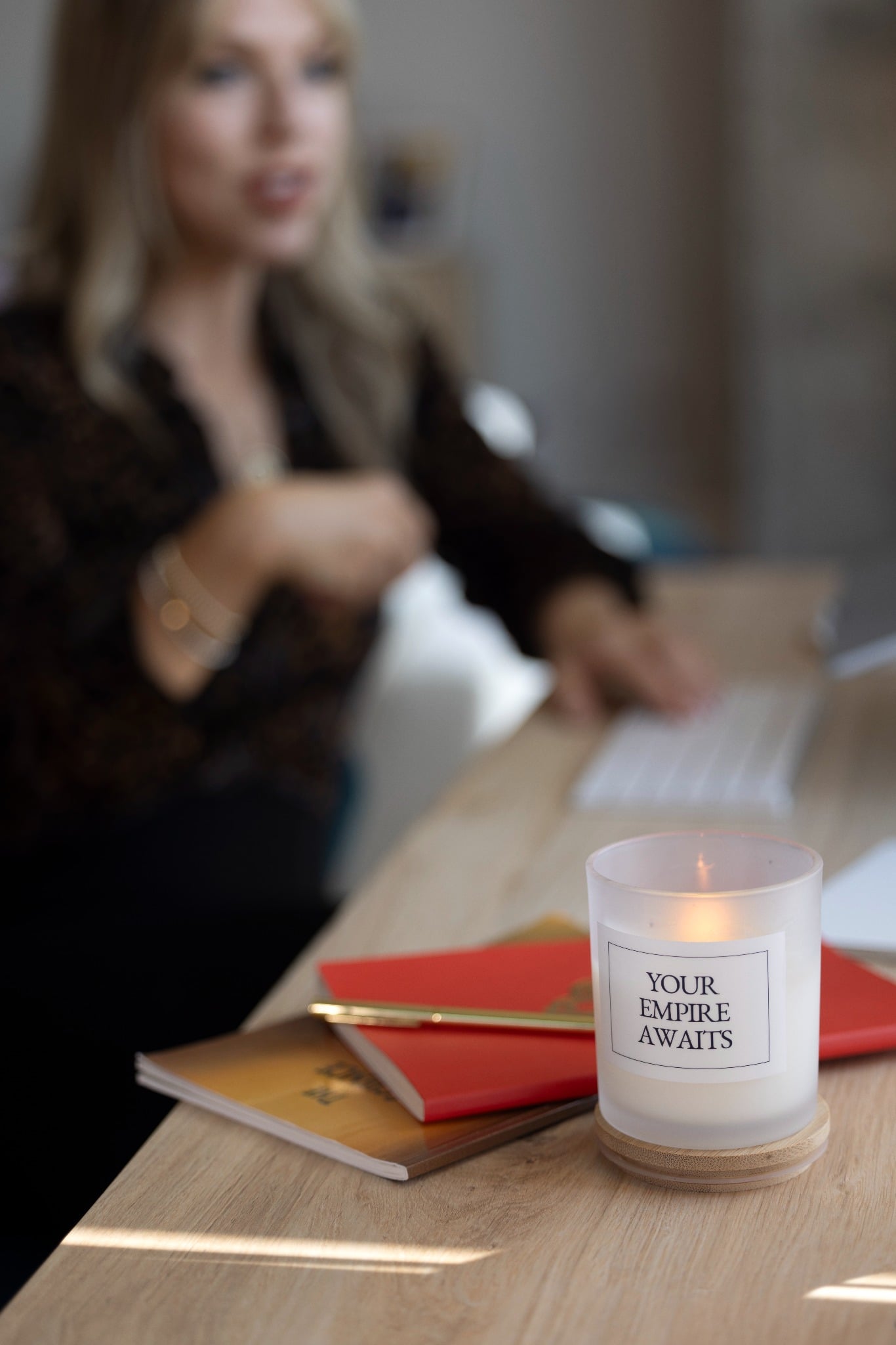 A candle and notebook